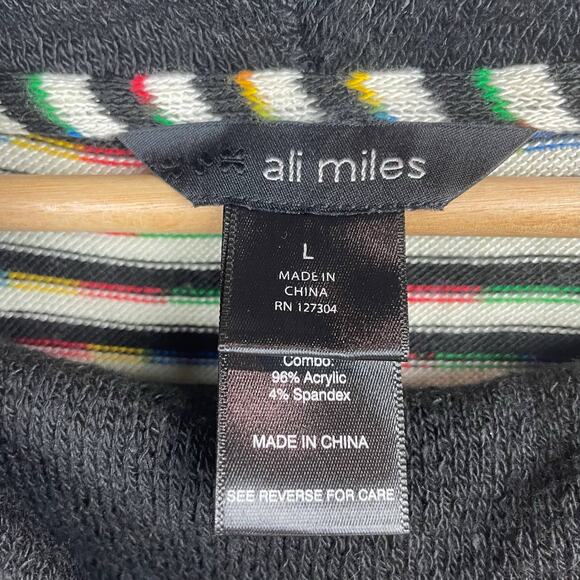 Ali Miles Tunic Sweater Size L Black Rainbow Multi Striped Cowl Neck Pullover - Picture 2 of 11